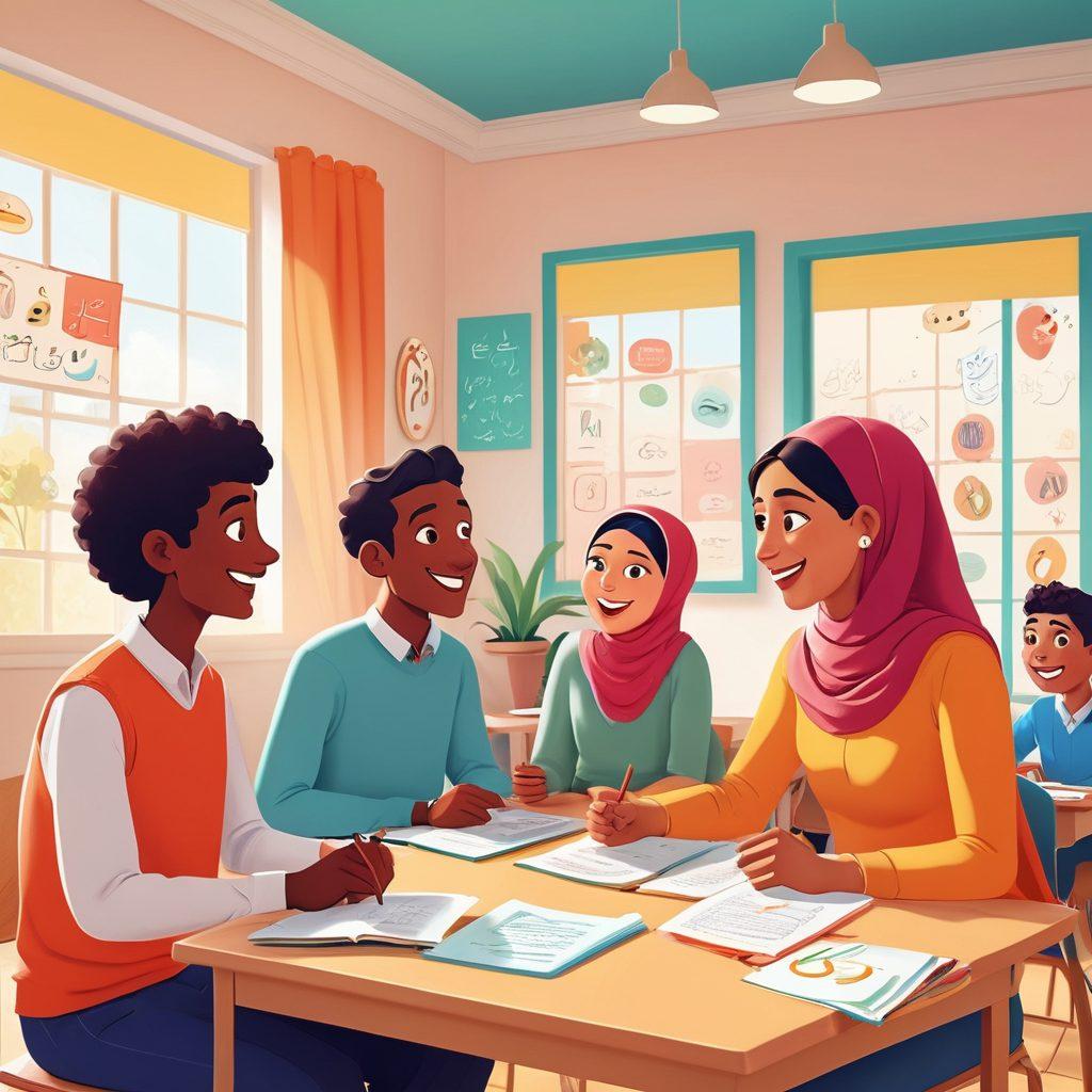 A whimsical illustration depicting diverse adults joyfully engaging in animated conversations while learning Arabic syntax. Visual elements should include colorful speech bubbles filled with Arabic letters and syntax diagrams, interspersed with playful cartoon characters in a vibrant classroom setting. The environment should evoke a sense of fun and creativity, merging the worlds of language and animation. Bright colors, dynamic poses, and an inviting atmosphere are essential. vector art. vibrant colors.