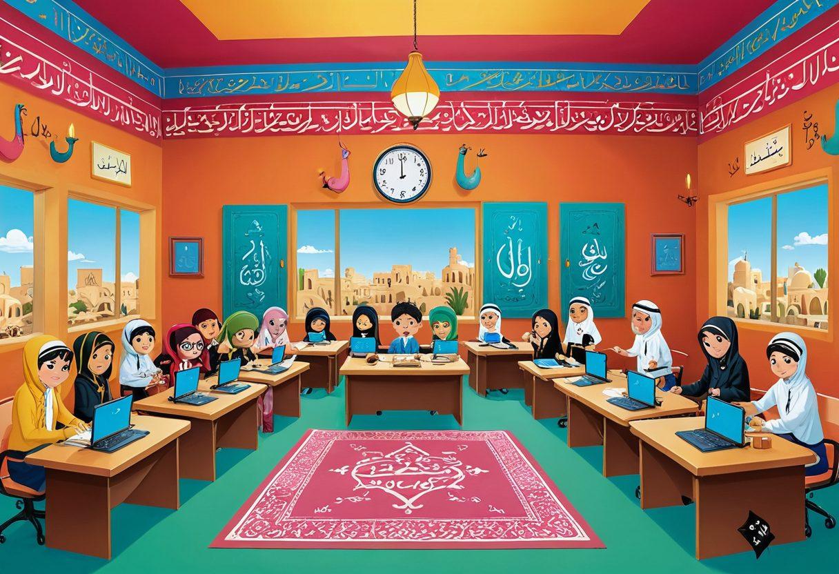 A vibrant and playful illustration showcasing a quirky classroom scene, where animated characters from adult themes engage with Arabic letters and grammar symbols. The background features a blend of traditional Arabic architecture with modern pop culture elements, creating an immersive environment. Use bright colors to emphasize the fun and educational atmosphere. Include subtle hints of hentai art styles in character designs. cartoon style. colorful. dynamic composition.